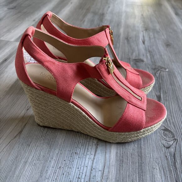 Michael Kors Janet Espadrille Wedge Canvas Orange Women 8.5 - Picture 1 of 8